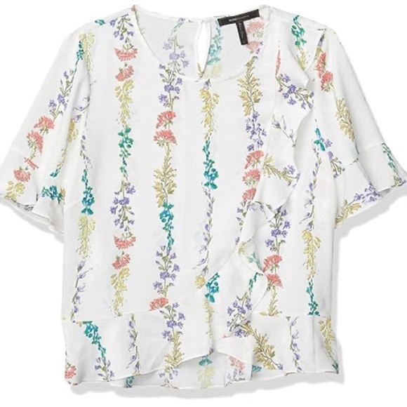 BCBGMaxAzria White Flutter Sleeve Blouse with Ruffled Details - Picture 6 of 10